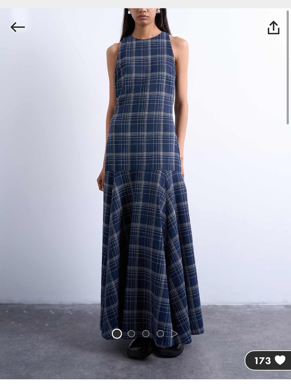 Topshop dropped waist full circle hem midi dress in navy plaid